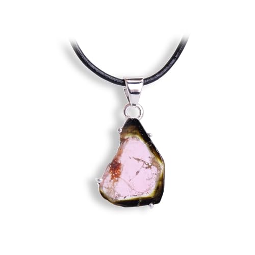 Budawi® Wassermelonen-Turmalin Anhänger – echter Naturstein in 925er Silber Krappenfassung – inkl. 1 m Lederband & Geschenkbox – Unikat Edelstein Schmuck Damen & Herren von Budawi