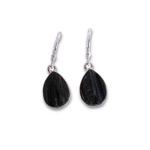Budawi® schwarze Turmalin Rohstein 925er Silber Ohrhänger Tropfenform mit Klappbrisuren Verschluss für einen sicheren Halt von Budawi
