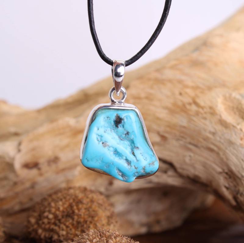 Echter Arizona Türkis Edelstein Nugget Anhänger Kettenanhänger 925Er Silberfassung Hals Schmuck Stein Mit Lederband - Einzelstück von Budawi