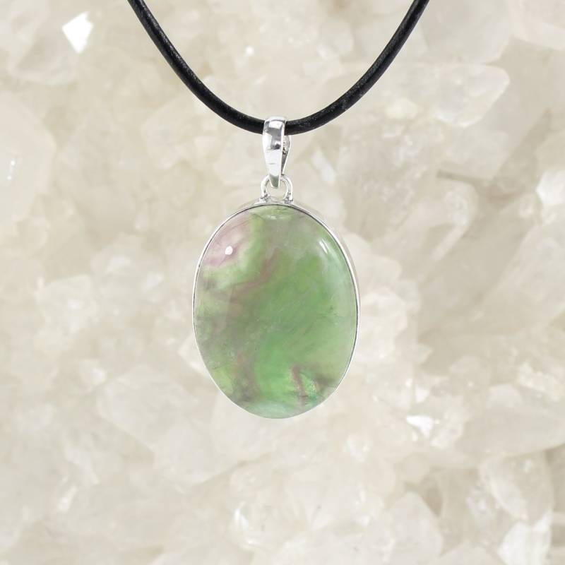 Regenbogenfluorit Anhänger Kettenanhänger Hals Schmuck 925 Sterling Silber Echter Edelstein Mit Lederband - Einzelstück von Budawi