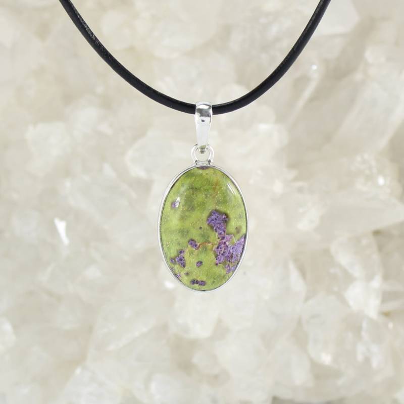 Stichtit in Serpentin Anhänger Kettenanhänger Hals Schmuck 925 Sterling Silber Echter Edelstein Mit Lederband - Einzelstück von Budawi