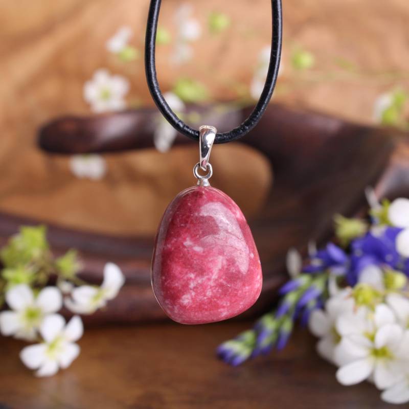 Thulit Trommelstein Anhänger 925 Silberöse Naturstein 20x16 Mm Lederband Geschenkbeutel Handgemachter Schmuck von Budawi