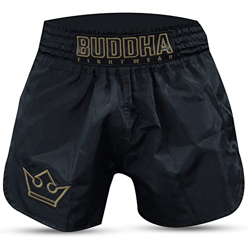 BUDDHA FIGHT WEAR – Traditionelle Muay-Thai-Shorts der alten Schule – Nylon – schnell trocknend – europäisches Standardmuster – tolle Anpassung an die Morphologie jedes Kämpfers – Schwarz + Gold -XXXL von Buddha Fight Wear