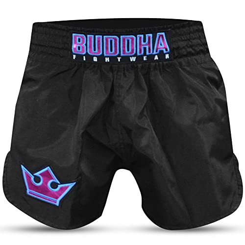 Buddha Fight Wear – Traditionelle Muay-Thai-Old-School-Shorts – Nylon – schnell trocknend – europäisches Standardmuster – tolle Anpassung an die Morphologie jedes Kämpfers – Schwarz + Lila – XXL von Buddha Fight Wear