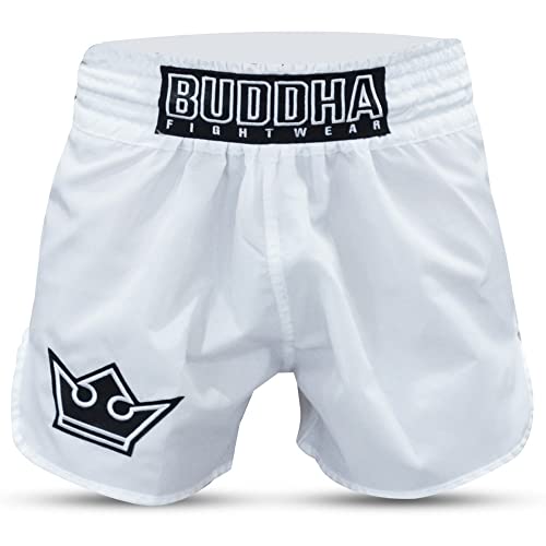 Buddha Fight Wear – Traditionelle Muay-Thai-Old-School-Shorts – Nylon – schnell trocknend – europäisches Standardmuster – tolle Anpassung an die Morphologie jedes Kämpfers – Weiß – XL von Buddha Fight Wear