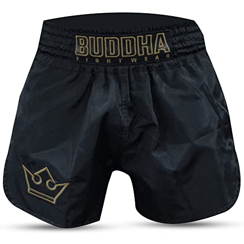 Buddha Fight Wear – Traditionelle Muay-Thai-Shorts der Alten Schule – Nylon – schnell trocknend – europäisches Standardmuster – tolle Anpassung an die Morphologie jedes Kämpfers – Schwarz + Gold – M von Buddha Fight Wear