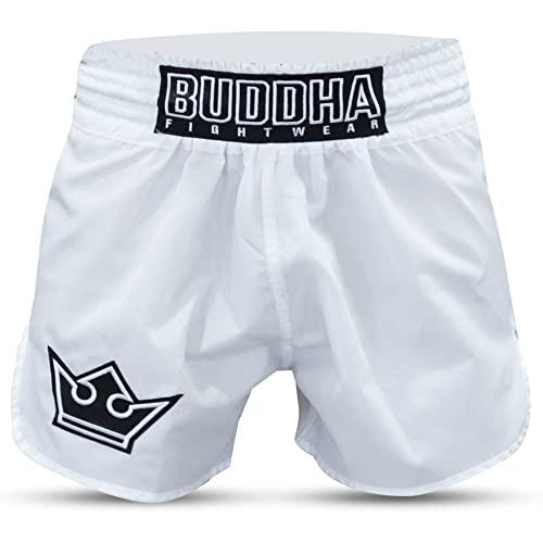 Buddha Fight Wear – Traditionelle Muay-Thai-Shorts der Alten Schule – Nylon – schnell trocknend – europäisches Standardmuster – tolle Anpassung an die Morphologie jedes Kämpfers – Weiß – XXL von Buddha Fight Wear