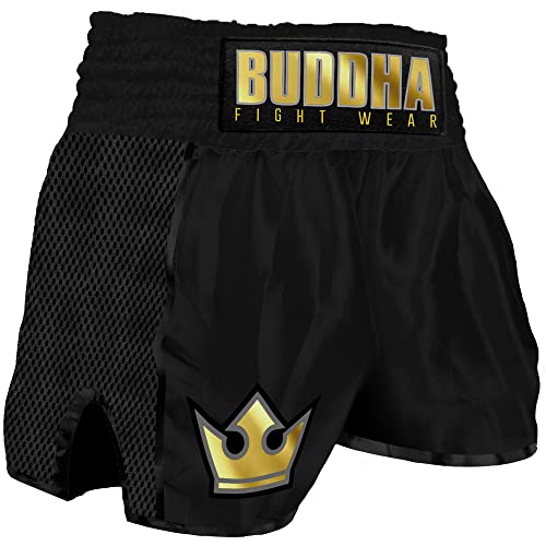 Buddha Fight Wear. Premium-Retro-Shorts, speziell für Kickboxen, Muay Thai, K1 oder jede Art von Kontaktsport, Schwarz , XXL von Buddha Fight Wear