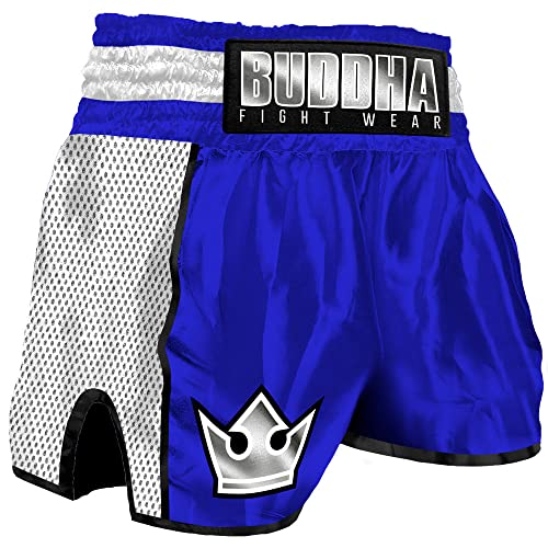 Buddha Fight Wear. Retro-Premium-Kurz, speziell für Kickboxen, Muay Thai, K1 oder jede Art von Kontaktsport, blau, L von Buddha Fight Wear