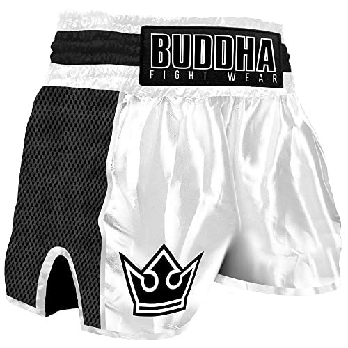 Buddha Fight Wear. Premium-Retro-Shorts, speziell für Kickboxen, Muay Thai, K1 oder jede Art von Kontaktsport, weiß, 56 von Buddha Fight Wear