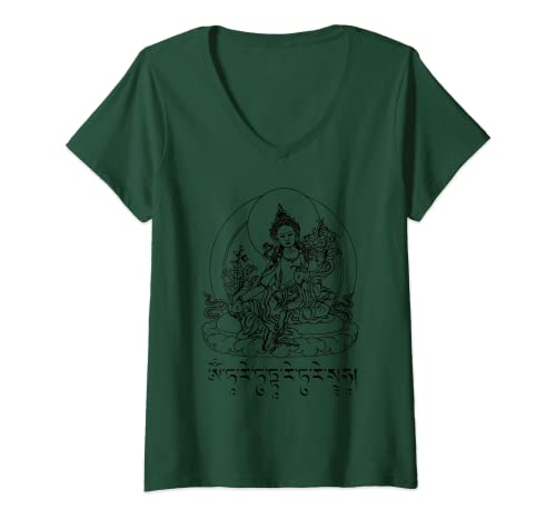Damen Buddha, grüne Tara Mantra tibetischer Buddhismus Vajrayana T-Shirt mit V-Ausschnitt von Buddhist Meditation