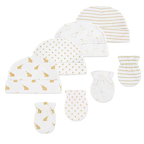 Budding Bear Neugeborenen Set - Baby Erstausstattung 4 TLG. Babymütze & Fäustlinge Set aus Bio Baumwolle - 0-6 Monate Erstlingsmützen Babyhandschuhe Kratzhandschuhe für Jungen&Mädchen in Weiß & Gold von Budding Bear