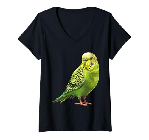 Damen Green Wellensittich T-Shirt mit V-Ausschnitt von Budgerigar Budgies Parakeet Bird Design