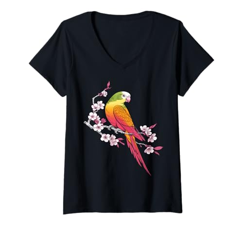 Damen Bunter Wellensittich-Blumenz T-Shirt mit V-Ausschnitt Damen Bunter Wellensittich-Blumenz T-Shirt mit V-Ausschnitt von Budgie Lovers Collective
