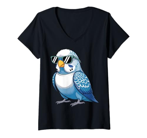 Damen Cool Wellensittich Sonnenbrille Sittich T-Shirt mit V-Ausschnitt Damen Cool Wellensittich Sonnenbrille Sittich T-Shirt mit V-Ausschnitt von Budgie Lovers Collective