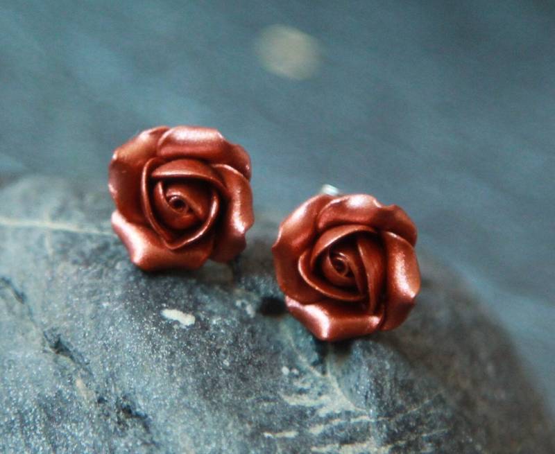 Kupfer Ohrstecker - Fimo Ohrringe Terracotta Rose von BuduartJewelry