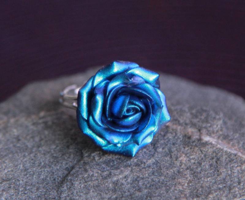 Ring Mit Blauer Rose Aus Sterling Silber, Einer Blume Ton, Großer Ring Mit Blauer Rose Aus Sterling Silber, Einer Blume Ton, Großer von BuduartJulia
