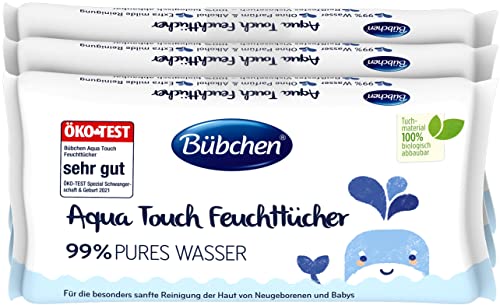 Bübchen Aqua Touch Feuchttücher, 144 Stück (3 x 48) – sensitive Pflegetücher mit 99% purem Wasser, feuchte Tücher für Neugeborene und Babys von Bübchen