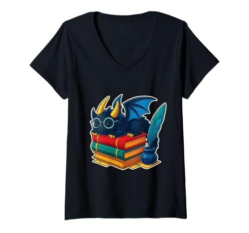 Damen Süßer Bücherdrache mit Brille Lesen Bibliothek Federkiel T-Shirt mit V-Ausschnitt von Bücherdrache Lese Geschenke