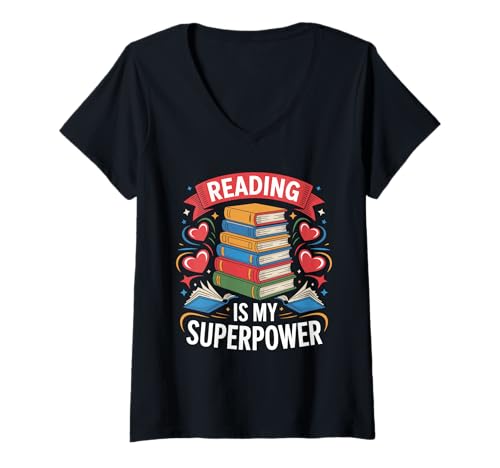 Damen Reading is My Superpower Bücher Stapel Buchwurm Geschenk T-Shirt mit V-Ausschnitt Damen Reading is My Superpower Bücher Stapel Buchwurm Geschenk T-Shirt mit V-Ausschnitt von Bücherliebe Leseratten READING IS MY SUPERPOWER