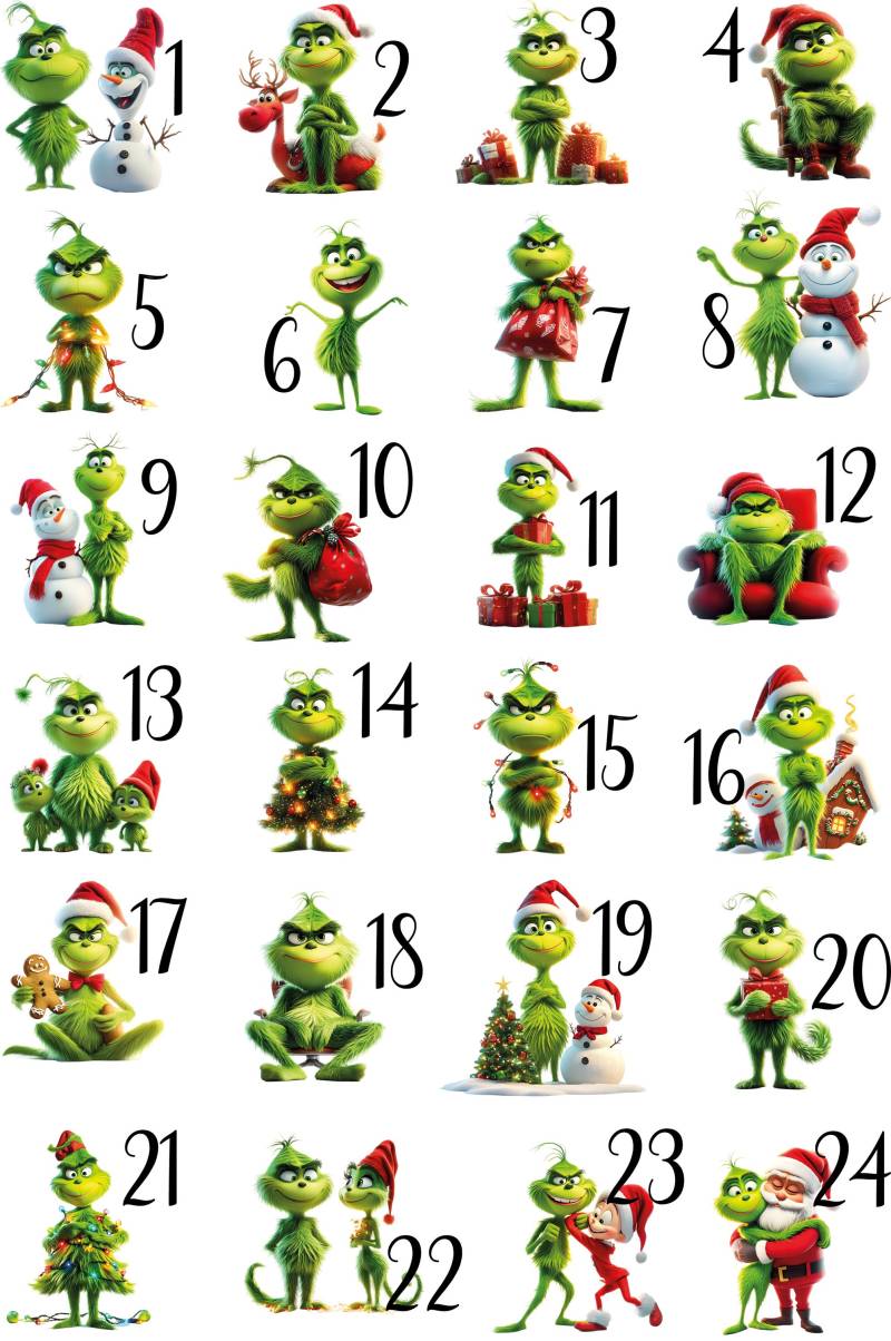 24 Bügelbilder Adventszahlen, Adventskalender, Grinch Adventszahlen von BuegeldichTrendy