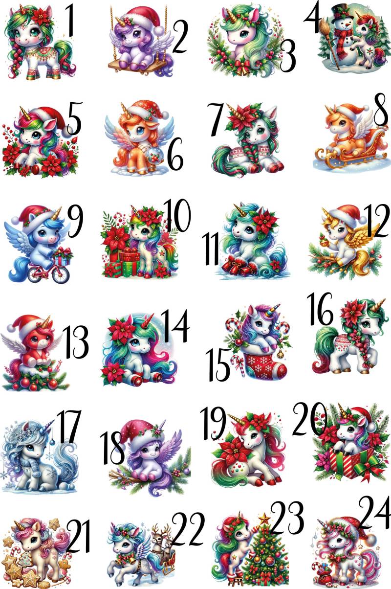 24 Bügelbilder Adventszahlen Einhorn, Adventskalender von BuegeldichTrendy