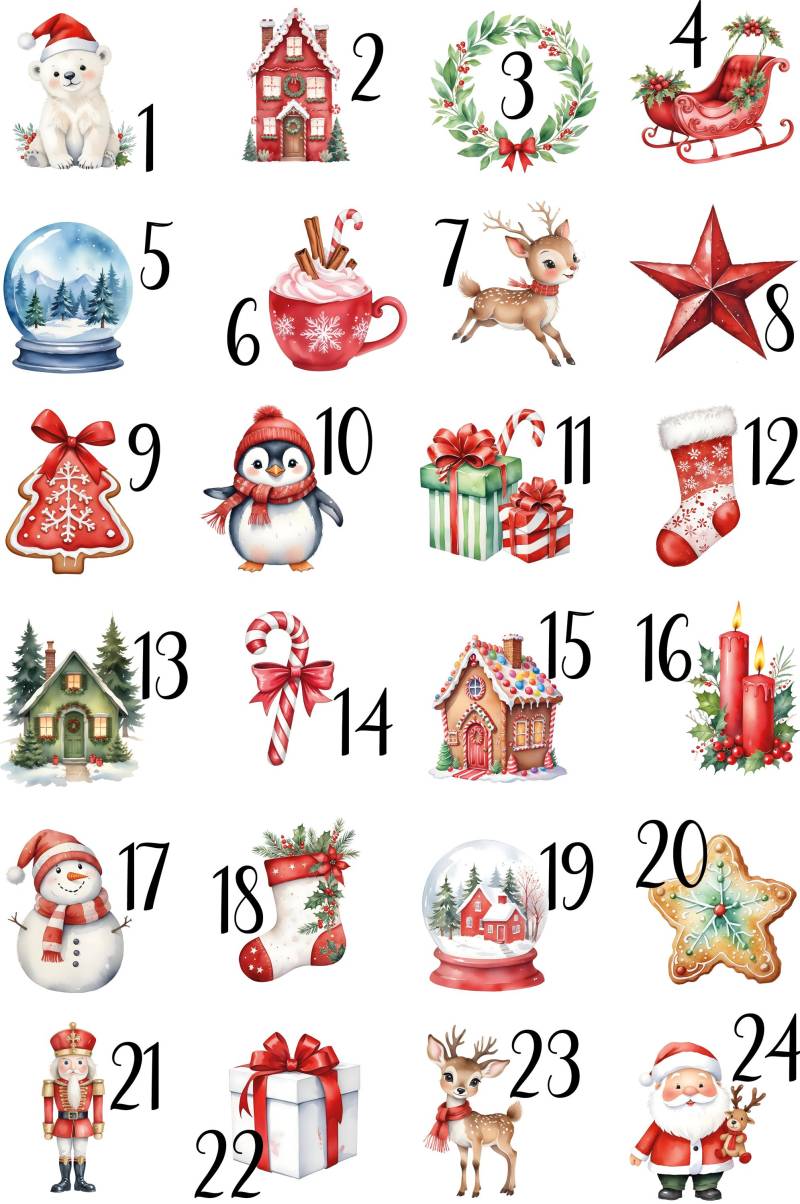 24 Bügelbilder Adventszahlen Süße Weihnacht, Adventskalender von BuegeldichTrendy