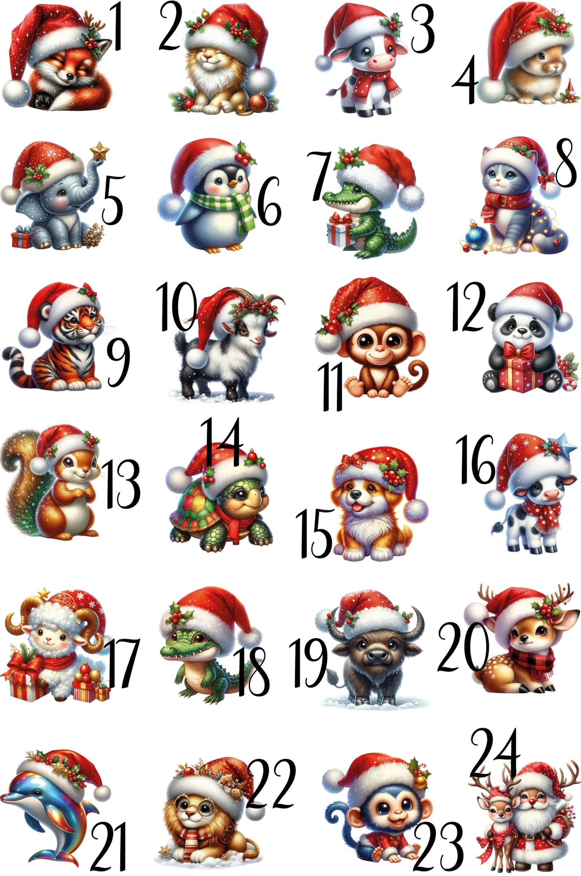 24 Bügelbilder Adventszahlen Tiere, Adventskalender von BuegeldichTrendy