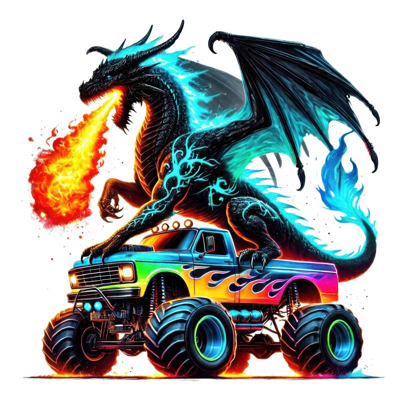 Bügelbild, Drachen Auf Monstertruck, Bügelmotiv von BuegeldichTrendy