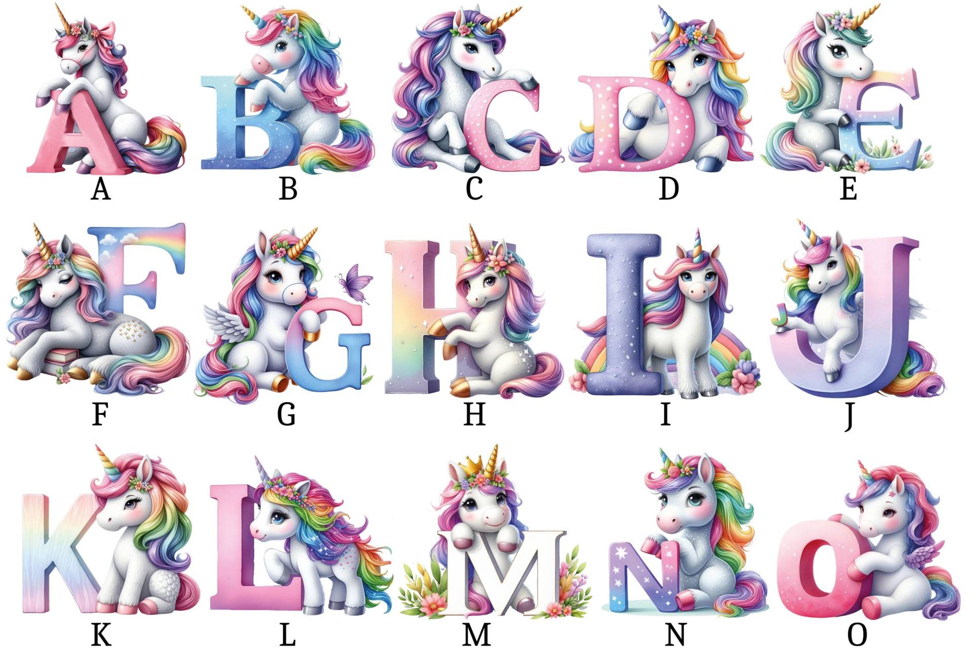 Bügelbild, Einhorn Alphabet, Zahlen, Bügelmotiv von BuegeldichTrendy