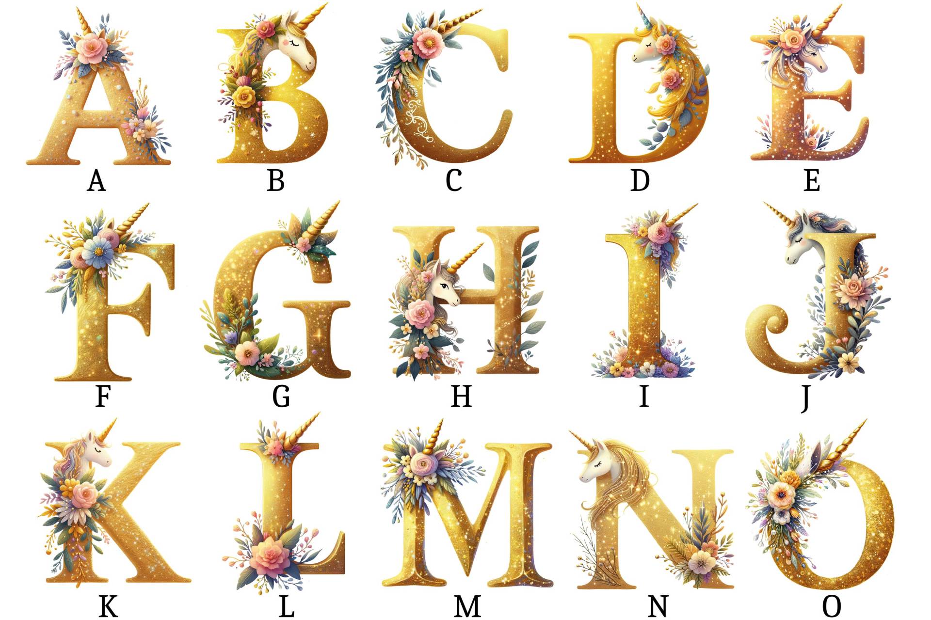 Bügelbild, Einhorn Gold Alphabet, Zahlen, Bügelmotiv von BuegeldichTrendy
