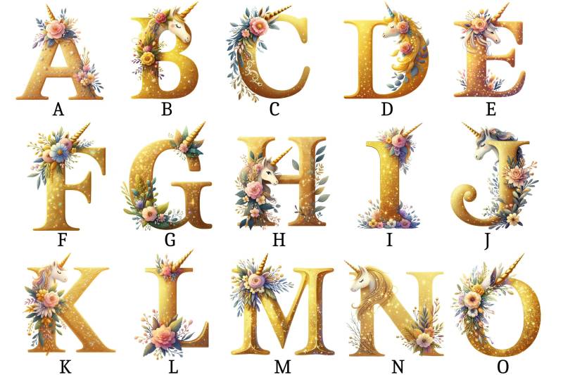 Bügelbild, Einhorn Gold Alphabet, Zahlen, Bügelmotiv von BuegeldichTrendy
