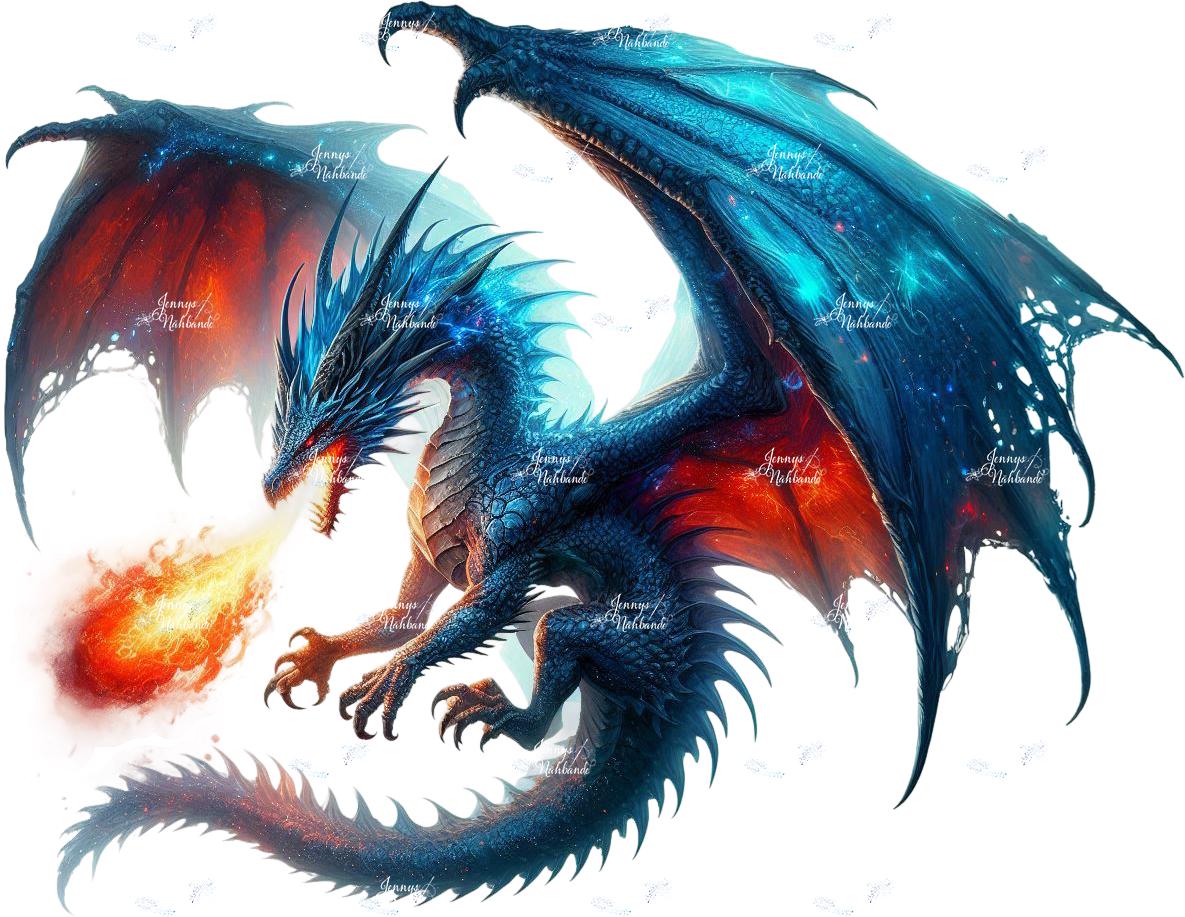 Bügelbild, Feuer Spuckender Drache Blau, Bügelmotiv von BuegeldichTrendy