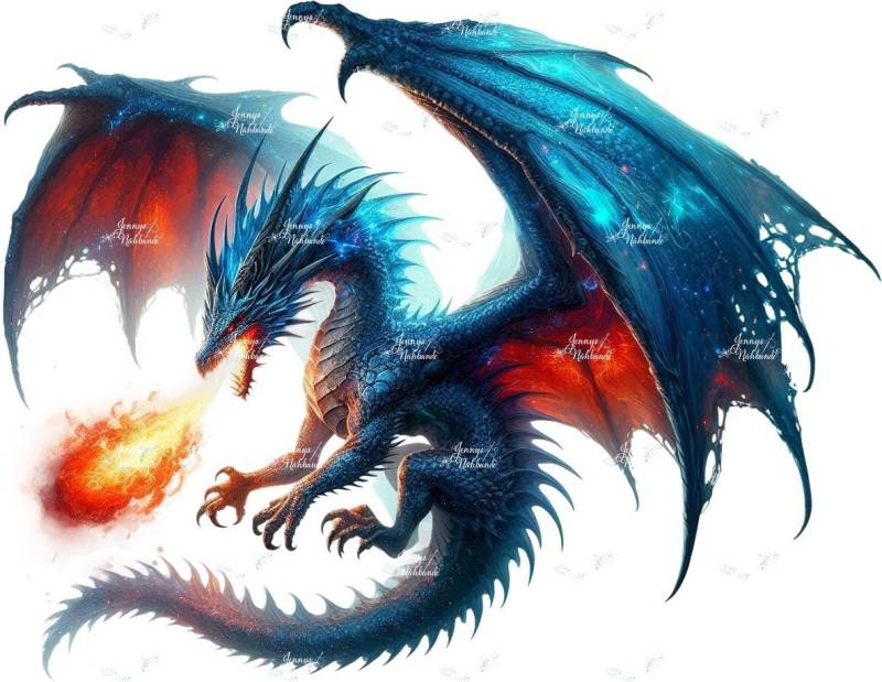 Bügelbild, Feuer Spuckender Drache Blau, Bügelmotiv von BuegeldichTrendy