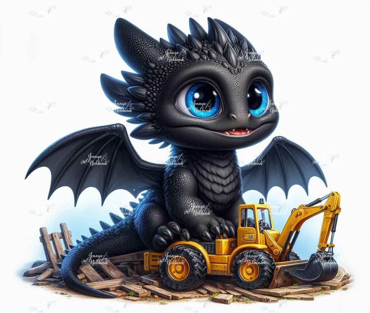 Bügelbild, Motiv Baby Drache Mit Bagger von BuegeldichTrendy