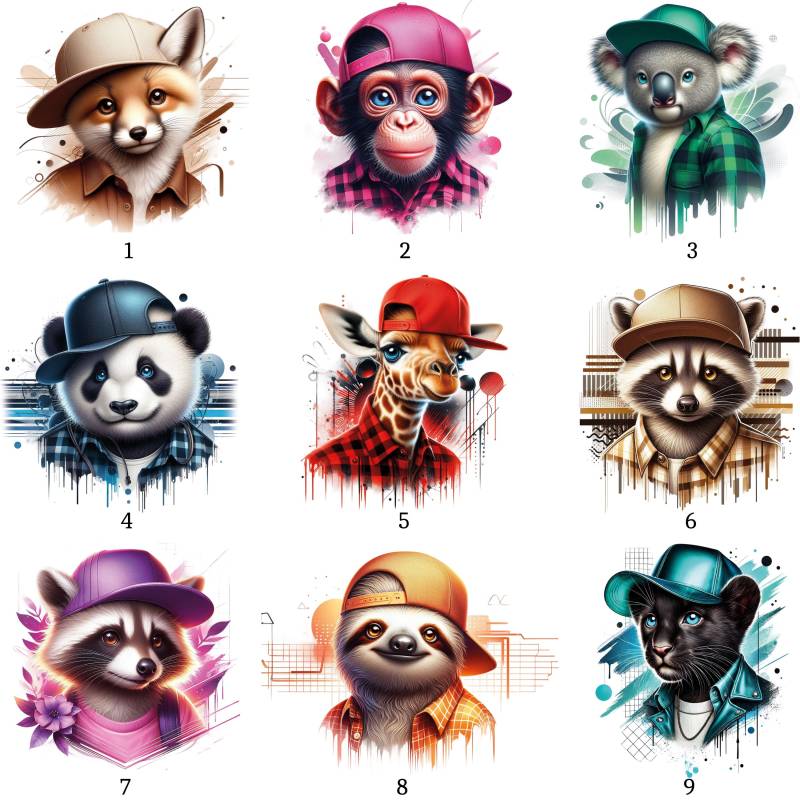 Bügelbild, Motiv Coole Tiere Mit Basecap, Bügelmotiv von BuegeldichTrendy