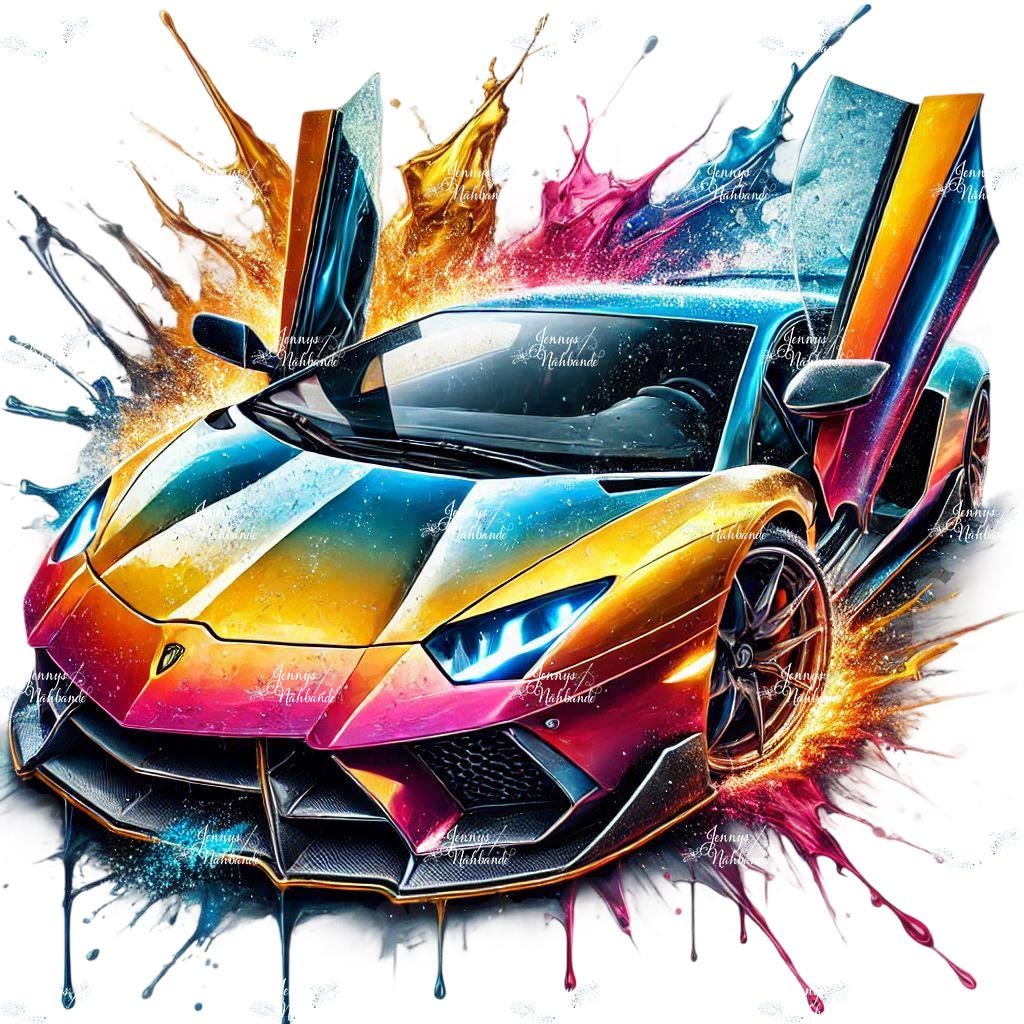 Bügelbild, Motiv Lamborghini Rainbow, Splash, Sportwagen, Bügelmotiv von BuegeldichTrendy