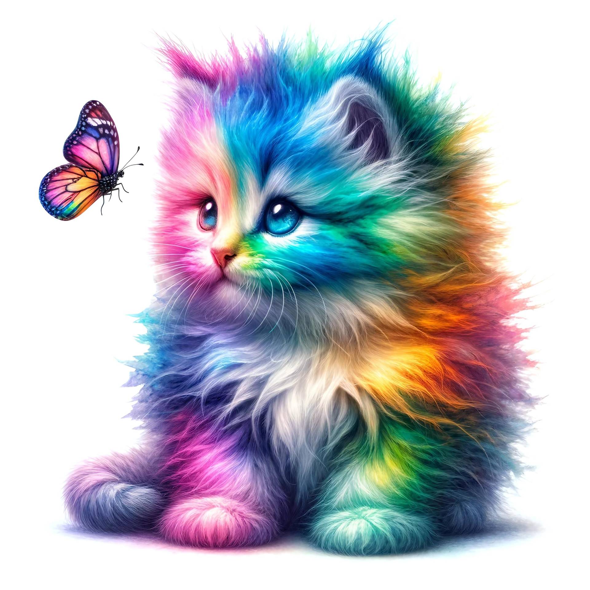Bügelbild, Motiv Regenbogen Katze Mit Schmetterling, Bügelmotiv von BuegeldichTrendy