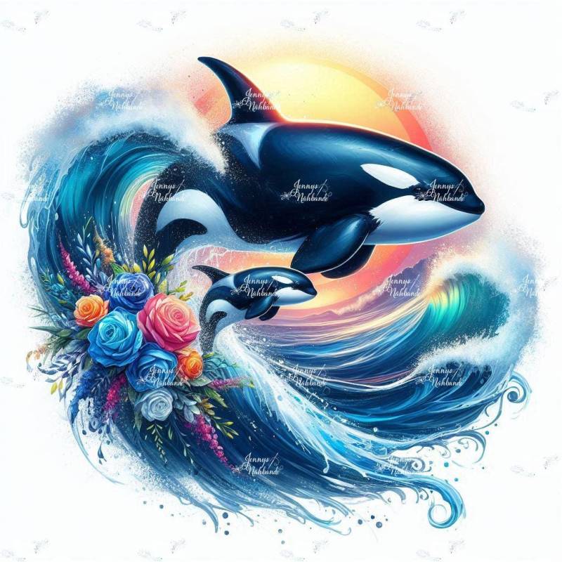 Bügelbild, Orca Mit Jungem, Sonnenuntergang, Bügelmotiv von BuegeldichTrendy
