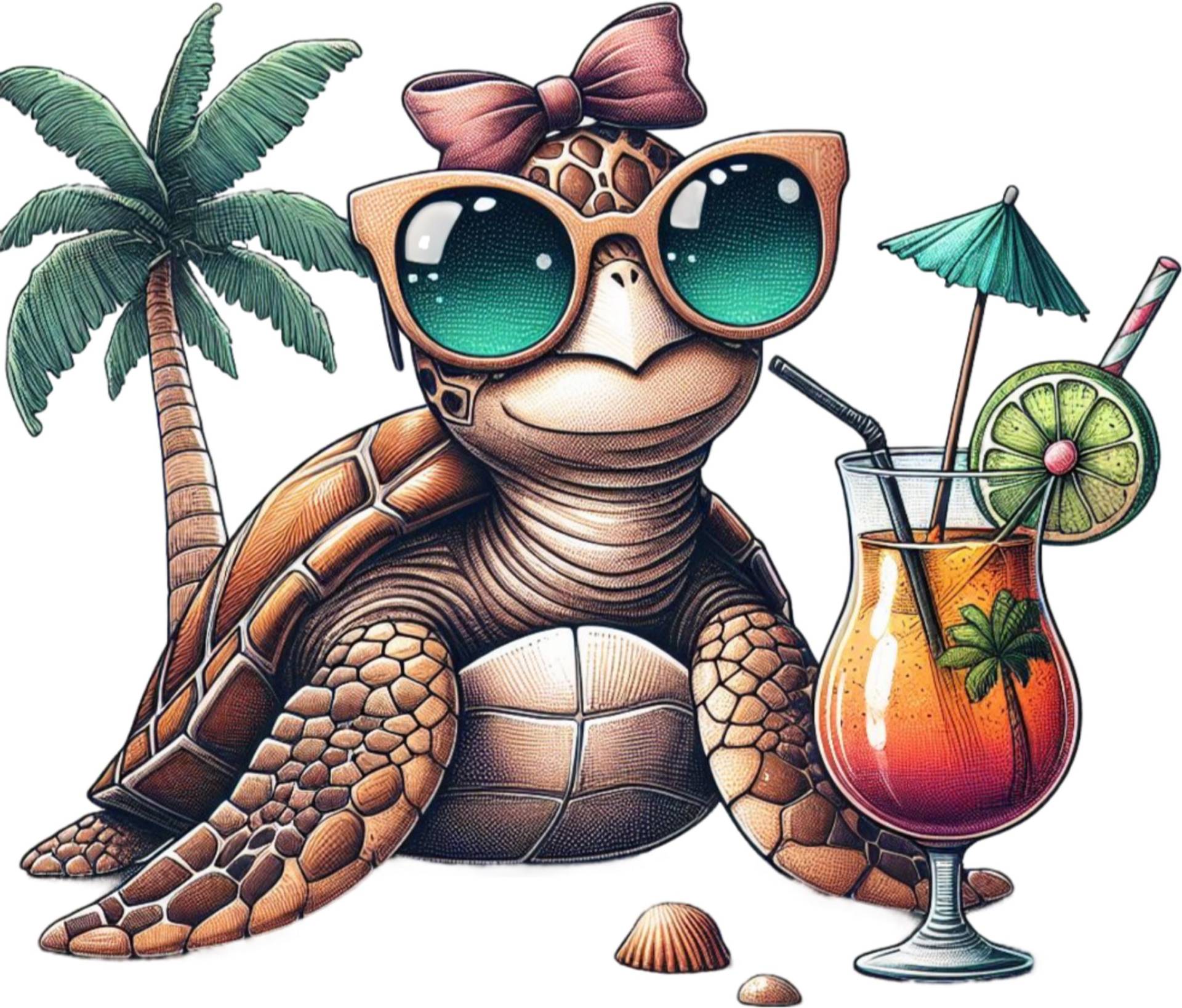 Bügelbild, Schildkröte Mit Cocktail, Bügelmotiv von BuegeldichTrendy