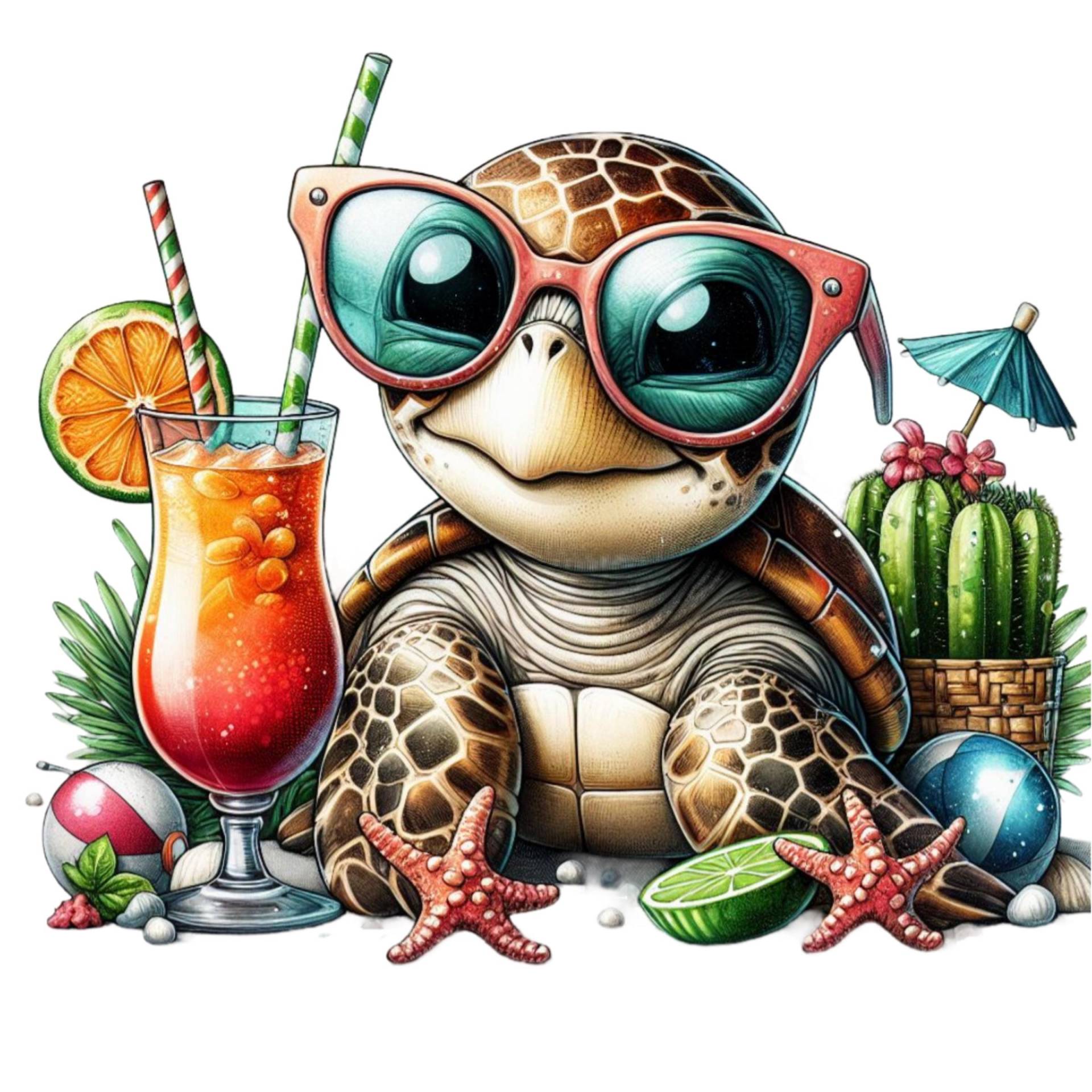 Bügelbild, Schildkröte Mit Cocktail, Bügelmotiv von BuegeldichTrendy