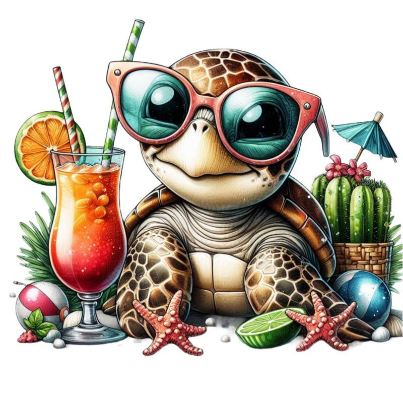 Bügelbild, Schildkröte Mit Cocktail, Bügelmotiv von BuegeldichTrendy