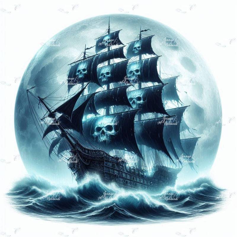 Bügelbild, Skull Piratenschiff, Mond Blau, Bügelmotiv von BuegeldichTrendy