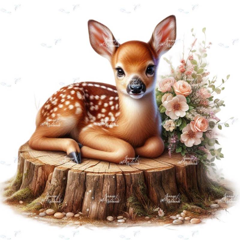 Bügelbild, Süßes Rehkitz, Baumstumpf, Bügelmotiv von BuegeldichTrendy