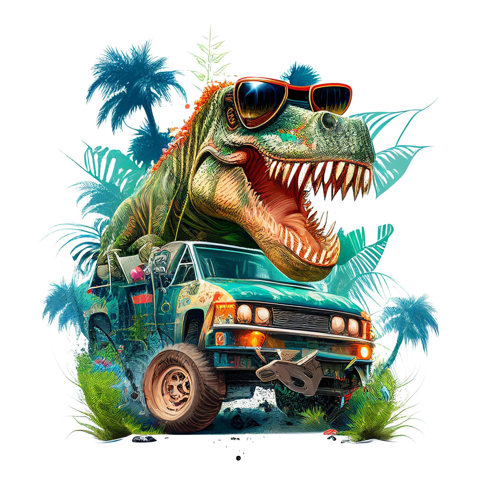 Bügelbild, T-Rex Im Jeep, Dinosaurier, Bügelmotiv von BuegeldichTrendy