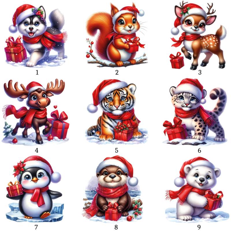 Bügelbild, Weihnachten Tiere, X-Mas Tiere Mit Geschenk, Bügelmotiv von BuegeldichTrendy