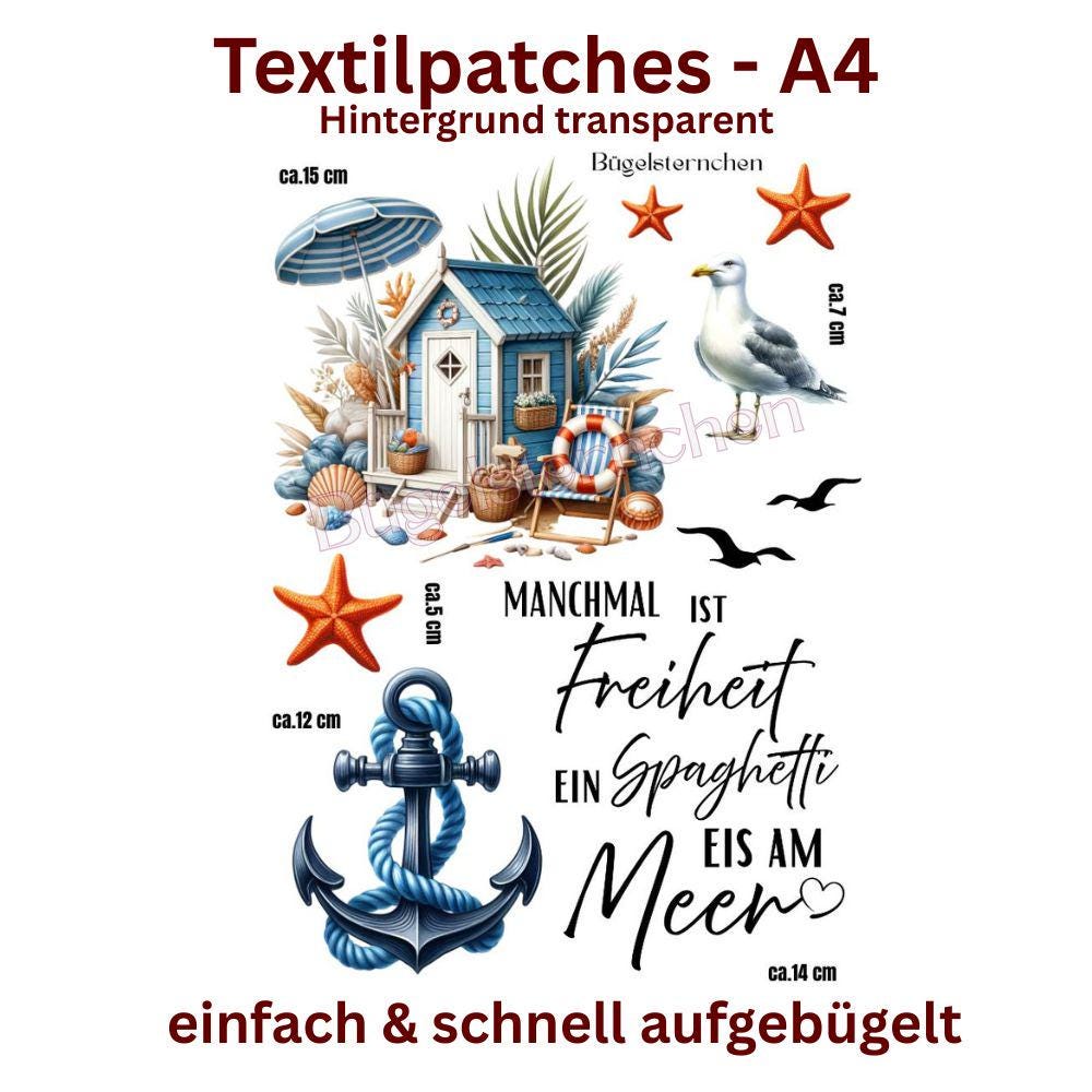 A4 - Set Bügelbilder, Einfach & Schnell Aufgebügelt, Maritim, Anker, Meer, Spruch, Urlaub, See, Möwe, Seestern A4 - Set Bügelbilder, Einfach & Schnell Aufgebügelt, Maritim, Anker, Meer, Spruch, Urlaub, See, Möwe, Seestern von Buegelsternchen