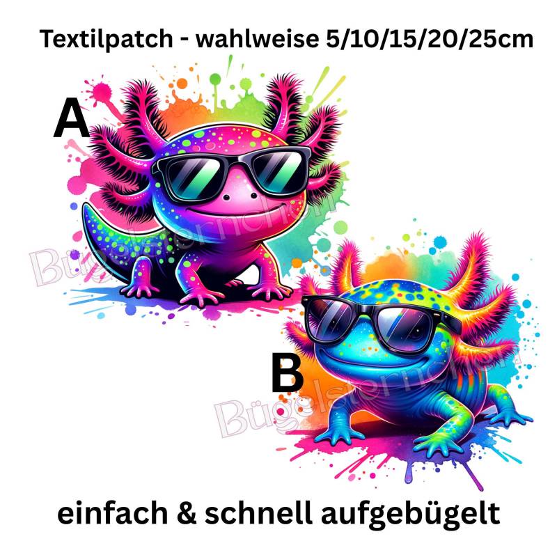 Axolotl - Bügelbild, Einfach & Schnell Aufgebügelt, Neon, Super Cute, Mega Cool, Splashes von Buegelsternchen