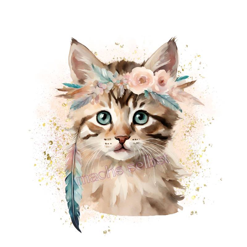 Boho Katze - Bügelbild Aufbügler Einfach & Schnell Aufbügeln, Wolf, Düster, Gefährlich, Kopf, Portrait, Kitten von Buegelsternchen