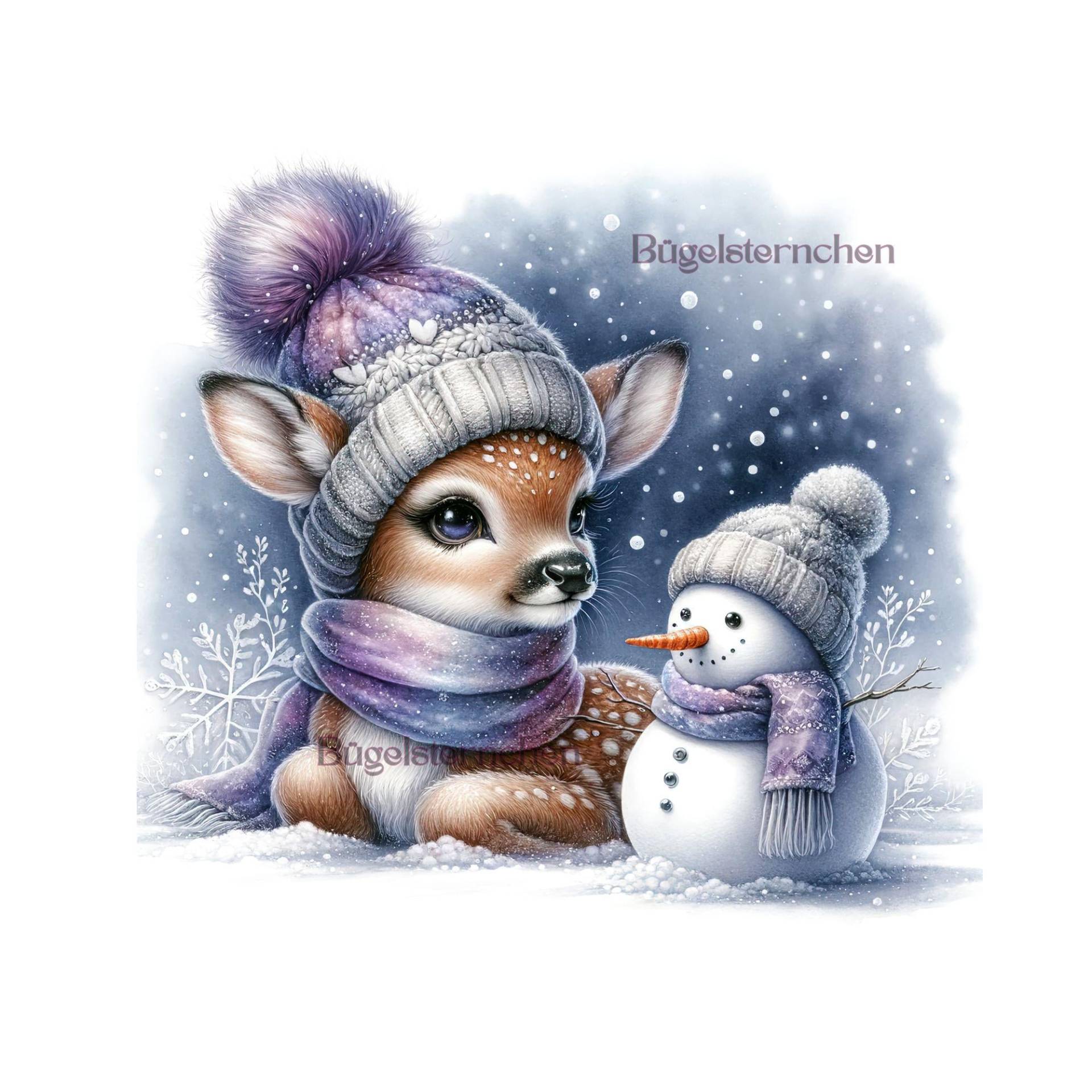 Rehkitz Mit Schneemann Bügelbild Oder Aufkleber, Einfach & Schnell Aufgebracht, Winter, Mütze, Bügelsternchen, Bügelmotiv von Buegelsternchen